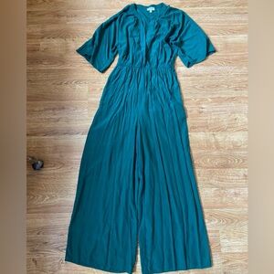 Umgee Green Wide Leg Jumpsuit Flowy Short Sleeve Elastic Waist Women M